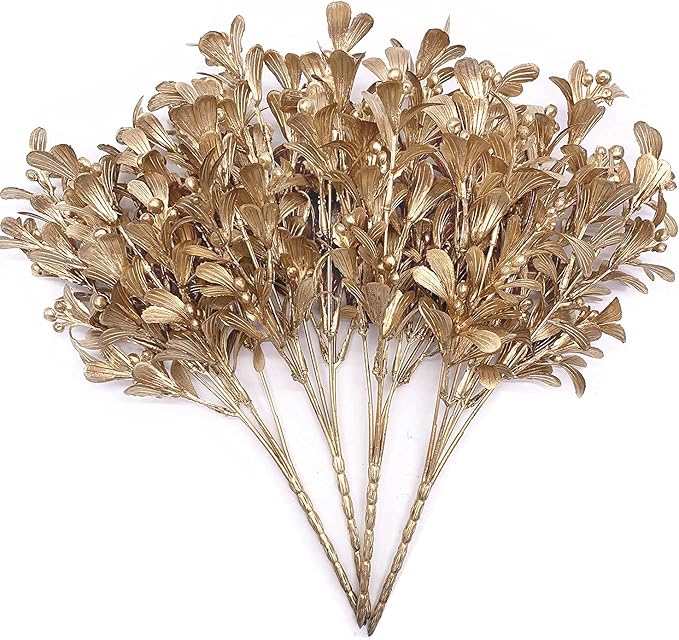 Artificial Flowers Christmas Decor, Golden Leaves Branches Plants Fake Berry Grass for Wedding Bridal Bouquet Party Indoor DIY Home Office Table Centerpieces Arrangements Decoration - Gold 4 Pack