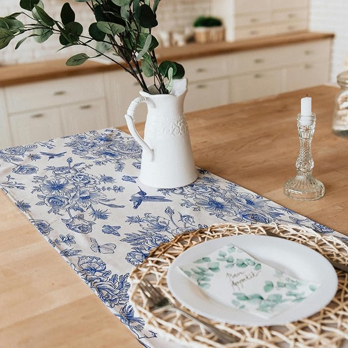 Snycler 13x108 Inch Table Runner Blue Monochrome Sketch Flower Birds Butterfly Table Cover Retro Floral Kitchen Dining Table Decoration for Indoor Outdoor Home Party Restaurant Supplies