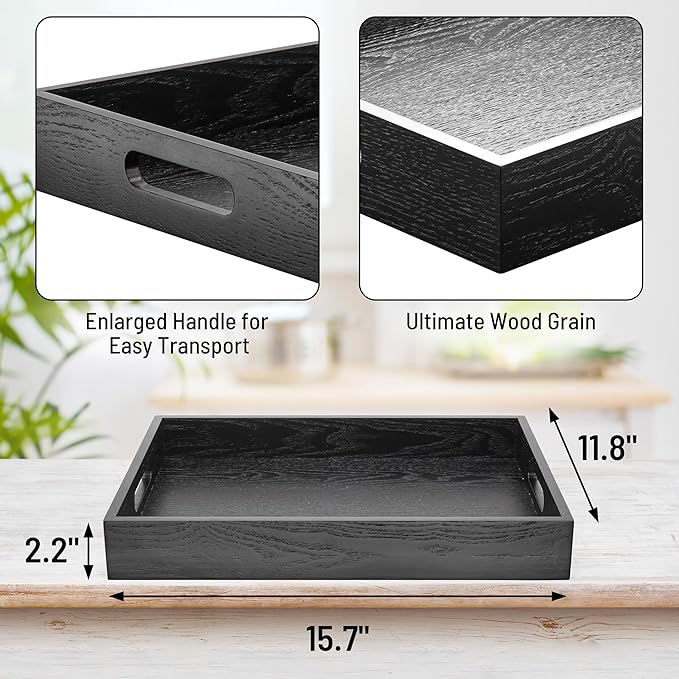 ATZYmolin Wood Serving Tray with Handles, Home Decorative Wooden Rectangle Ottoman Decor Platter Vanity Tray for Breakfast Dinner Drinks Kitchen Dining Living Bathroom Restaurants Black