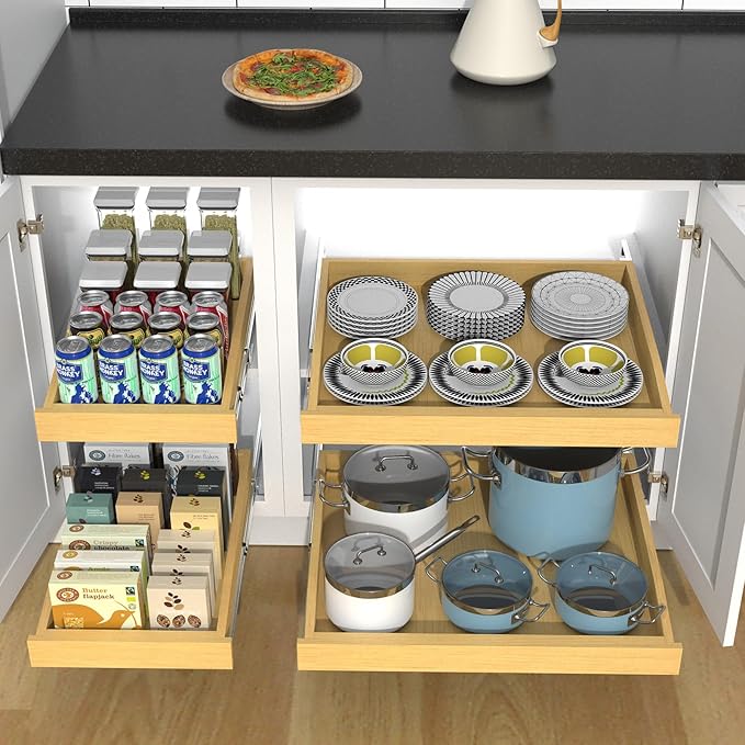 Wooden Pull out Cabinet Organizer 26" W x 21" D x 3.35" H, Heavy Duty Slide Out Drawers Pull-Out Home Organizers for Kitchen Cabinets