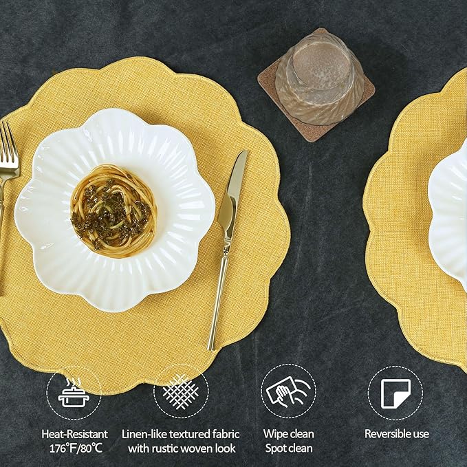 AHHFSMEI Round Faux Linen Placemats Set of 6 Heat Resistant Non-Slip Stain Proof Table Mats for Kitchen Dining Elegant Decor Place Mats (Yellow,6)