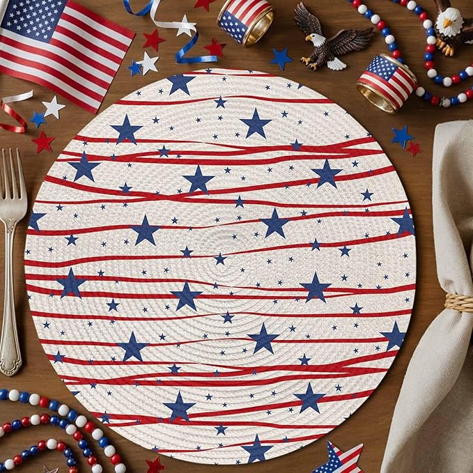 4th of July Round Placemats Set of 4 Patriotic Stars Place Mats Independence Day Woven Placemat Freedom Red Stripes Circle Braided Table Mat for Kitchen Dining Table Holiday Party Decor 15 Inch
