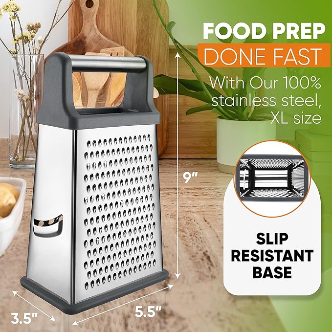 Spring Chef Professional Cheese Grater - Stainless Steel Box Grater for Kitchen, XL Size, 4 Sides - Perfect Shredder for Parmesan Cheese, Carrot, Potato, Ginger - Dishwasher Safe - Gray