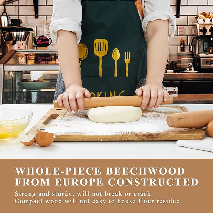 Bamber Wood French Rolling Pin for Baking Small Wooden Rolling Dowel Stick Dough Roller for Cookie Dumpling Pastry Pizza Tortilla, 13.4'' by 1.2''