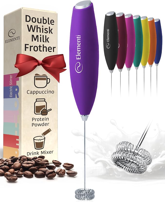 Elementi Milk Frother Wand - Easy to Use Handheld Electric Stirrer for Powder Drinks, Durable & Powerful Coffee Whisk & Protein Powder Mixer Wand, Hand Frother, Coffee Stirrers Electric (Purple)