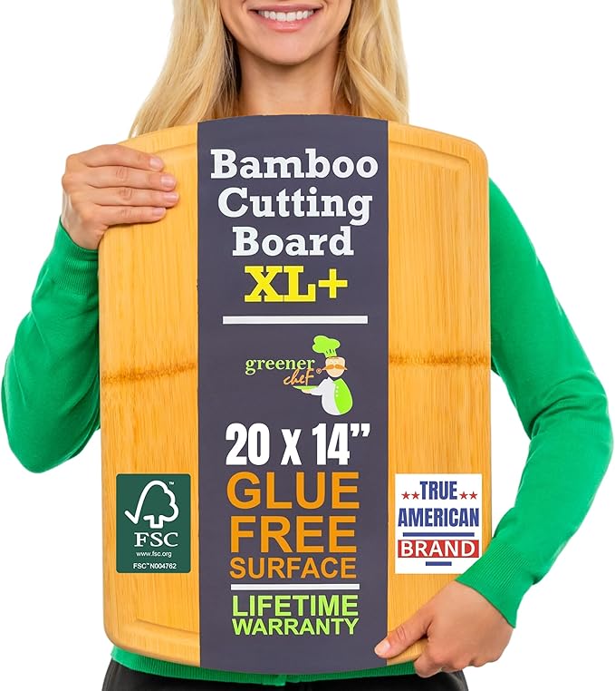 Greener Chef 20 Inch Bamboo Cutting Board Featuring Super-Sized Glue-Free Surface™ – Heavy Duty Butcher Block for Safe Meal Prep, Chopping & Carving with Lifetime Replacements