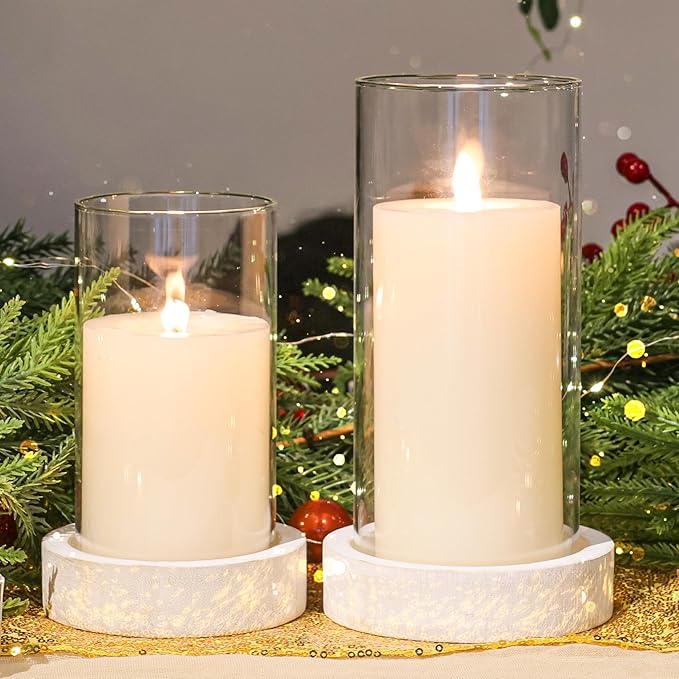 Ronasip Set of 2 Hurricane Candle Holders with Wood Base & Glass Cylinder (4.2x5.9” & 4.6x7.8”) – Rustic Wooden Candle Holders for Home Decor, Weddings, Table Centerpieces (2, White)
