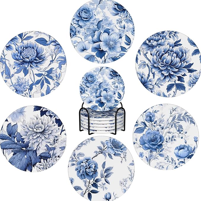 Coaster for Drinks Set of 6, Blue Vintage Spanish Ceramic Floral Absorbent Round Ceramic Stone Mat, with Cork Base and Metal Holder, Gift for Housewarming Room Bar Decor (Vintage Blue Floral-8)