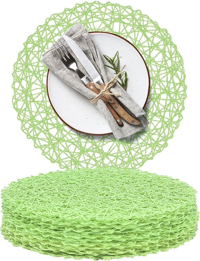 AHHFSMEI Paper Braided Round Placemats Set of 12 Natural Non-Slip Heat Resistant Table Mats for Dining Tables Woven Indoor Outdoor Place mats(Light Green,12)