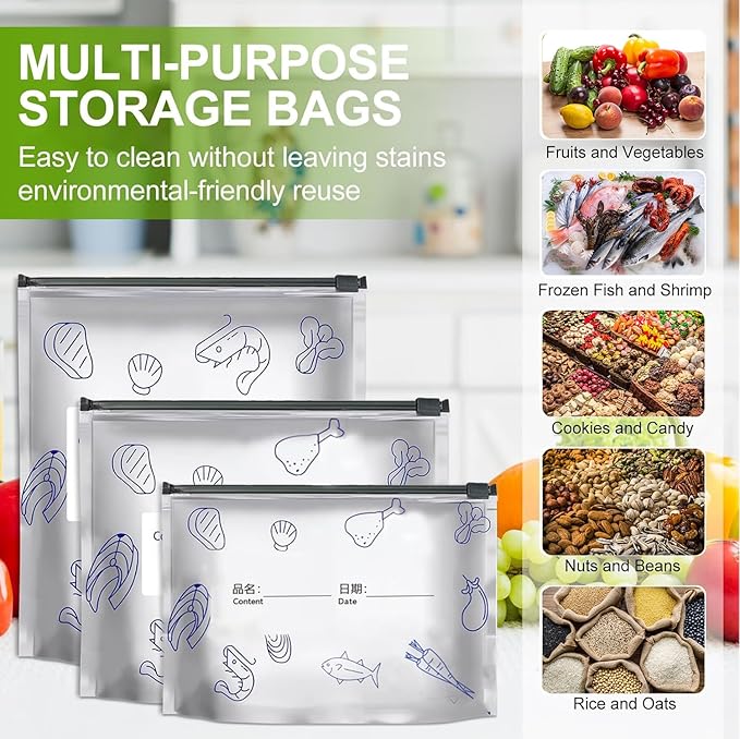 30pcs Reusable Aluminum Foil Storage Bags, Resealable Vacuum Zipper Pouches for Food, Stand-Up Thickened Foil Sealable Bags with Label, for Vegetable Fruit Meat (30, Large, Medium, Small)