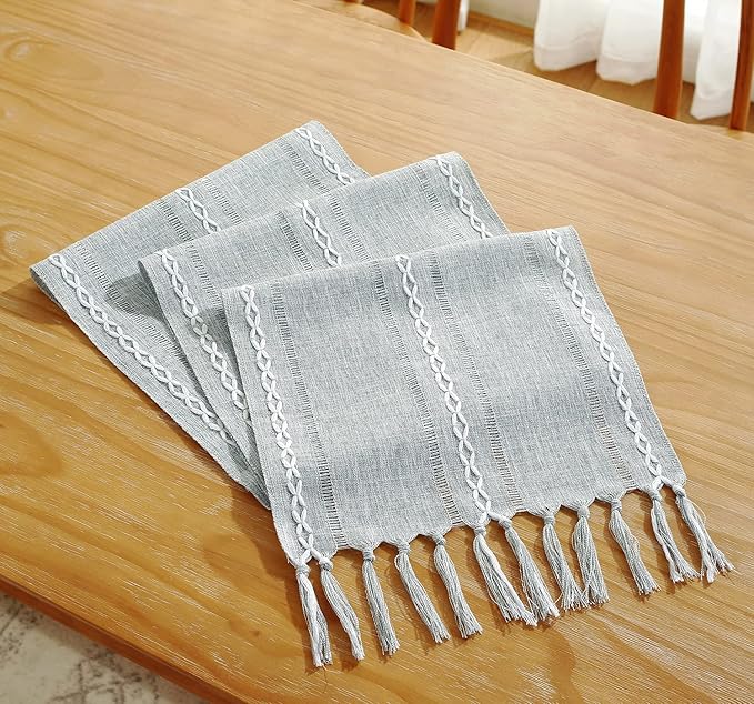 Rustic Farmhouse Style Linen Table Runner, Boho Handmade Tassel Hemstitched Embroidery Table Runners 72 Inches Long for Holiday Party, Dresser and Dining Decorations, 13 x 72 inch - Light Grey