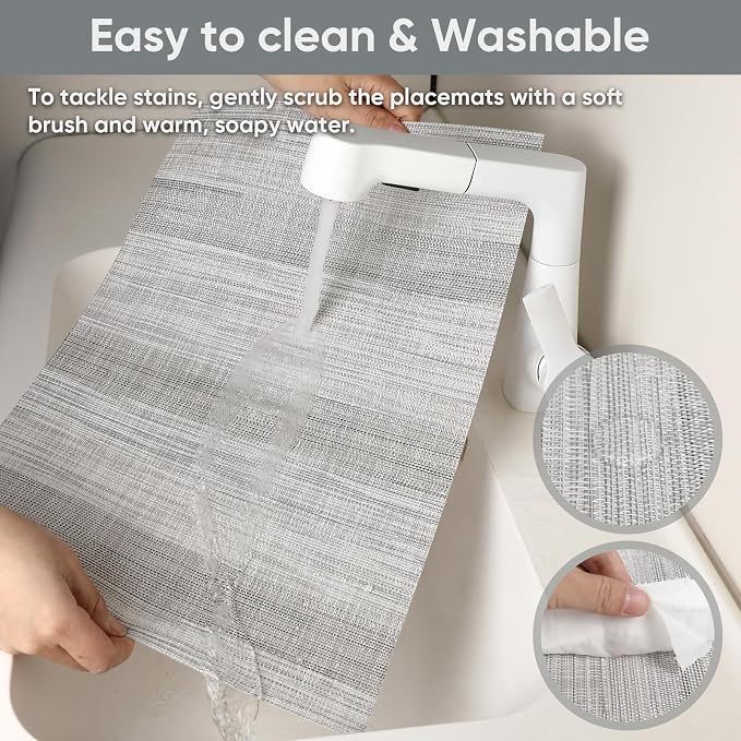Gray Woven Placemats Set of 6 – Heat Resistant, Waterproof & Easy to Clean – Durable Synthetic Dining Table Mats for Kitchen, Restaurant & Outdoor Use
