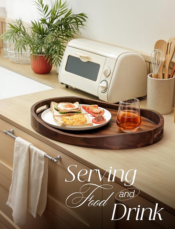 TIDITA Acacia Wood Ottoman Tray with Handles - 20" x 15" Round - Large Oval Serving Trays for Living Room -Wooden Trays Decorative for Kitchen Counter, Coffee Table, Breakfast in Bed (Walnut Color)