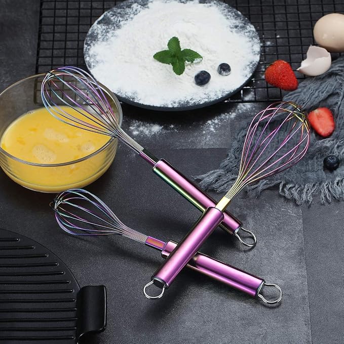 Berglander Rainbow Whisk Pack of 3 Stainless Steel 8",10",12", Titianium Plating Colorful Whisk for Cooking, Beater,Wire Whisk Set Kitchen Wisk (Rainbow)