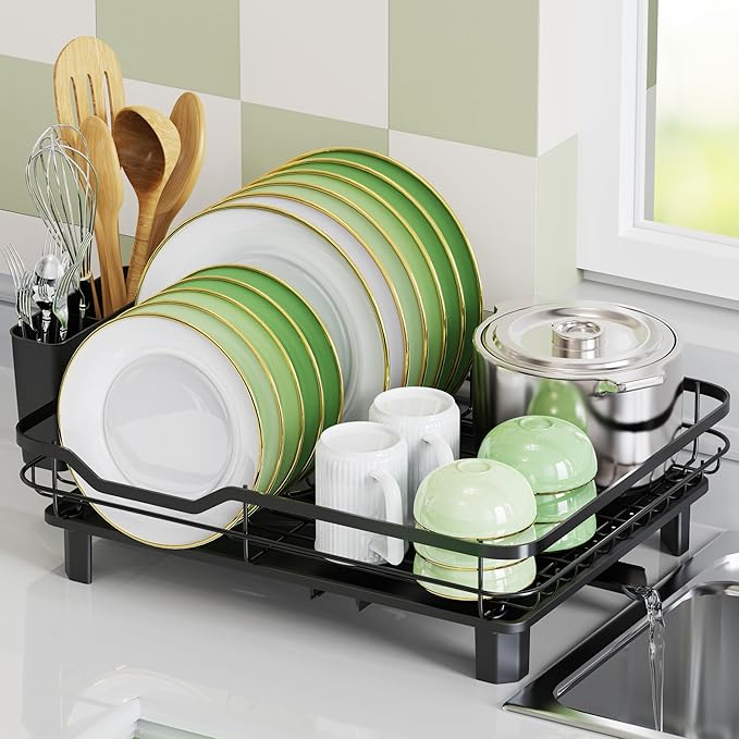 ROTTOGOON Dish Drying Rack, Stainless Steel Rustproof Dish Rack for Kitchen Counter, Sturdy Dish Drainer with Drainboard, Drainage, Utensil Holder for Various Kitchenware, 16.2"(L) x 12.6"(W), Black