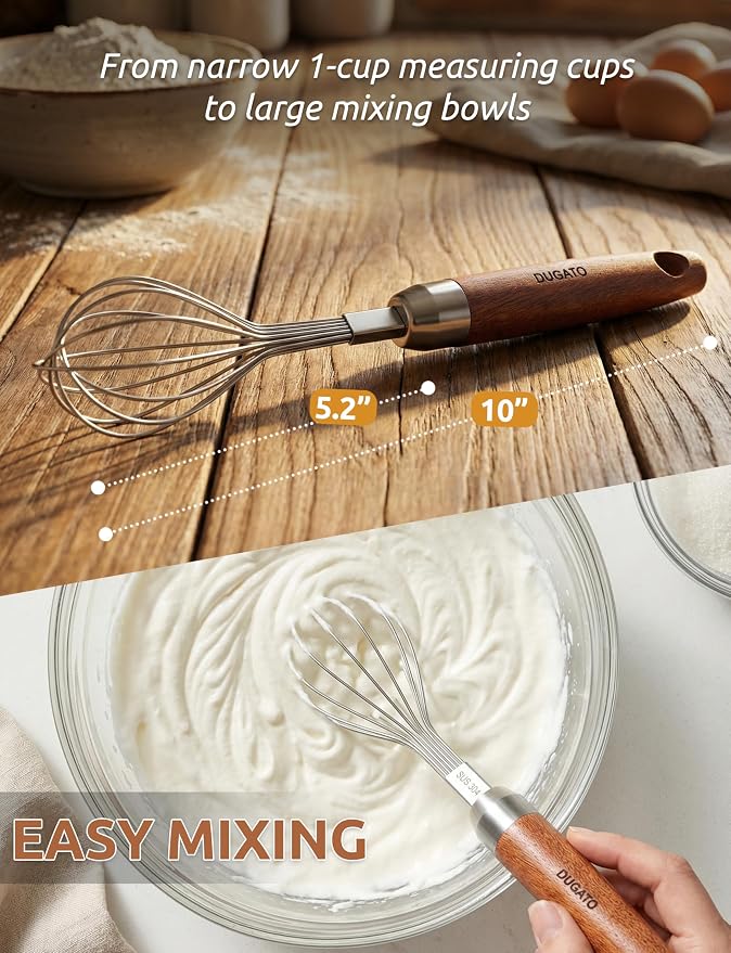 Dugato Mini Egg Whisk, 10 Inch Small Wire Whisk Stainless Steel with Wooden Handle, Narrow Metal Balloon Whisk for 1-Cup Measuring Cups, Kitchen Whisk for Scrambling Eggs and Small Sauces
