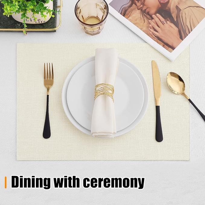 Homaxy Cloths Placemats for Dining Table Set of 4, Heat Resistant Washable Cotton Linen Blend Table Mats, Easy to Clean Place Mats for Indoor Outdoor Party Kitchen Decoration, 13" x 18", Cream