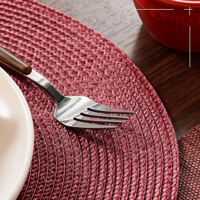 FunWheat Round Braided Placemats Set of 6 Table Mats for Dining Tables Woven Washable Non-Slip Place mats 15 inch(Burgundy, 6pcs)