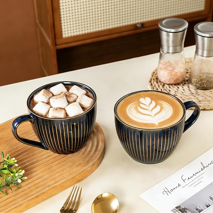 Ceramic Large Coffee Mugs with Handles, 24 oz Coffee Cups, Large Soup Mugs for Hot Chocolate, Cappuccino, Ramen, Oatmeal, Soup Mugs with Handles, Dishwasher and Microwave Safe((Vertical Stripe Blue)