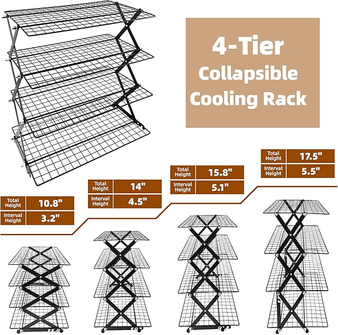 4 Tier Collapsible Cooling Rack with Adjustable 6 Setting Design stackable wire rack for baking sheet for Cookies Baking Gifts for Women (Black, 4-Tier)
