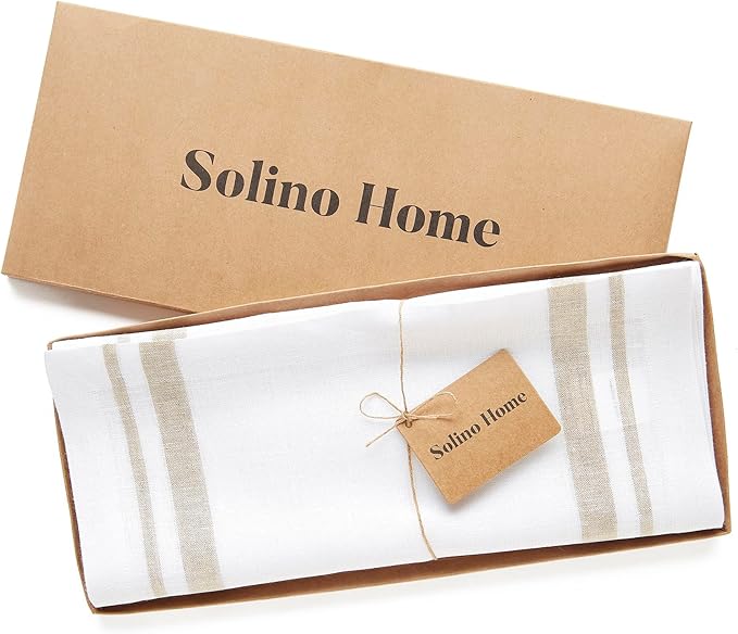 Solino Home Linen Table Runner 132 Inches Long - 100% Pure Linen Natural and White French Stripe Table Runner 14 x 132 Inch for Dining, Spring, Summer