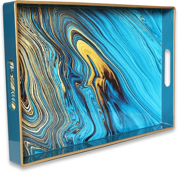 Spsyrine Serving Tray, Marble Decorative Tray Plastic Rectangular Coffee Table Tray for Living Room, Storage, Kitchen, Ottoman, Bathroom Decor. 15.6” X 10.2" LJRE