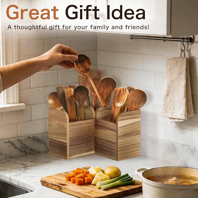 Acacia Wood Kitchen Utensil Holders for Countertop, Wooden Corner Utensils Holder with 3 Compartment, Farmhouse Utensil Caddy for Storage Cooking and Silverware, Opened Up Counter Space