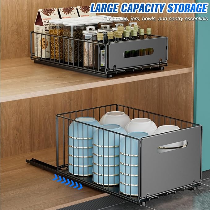 2 Pack Pull Out Cabinet Organizer, 15"" Depth Slide Out Drawer with Nano Adhesive (No Drilling), Heavy Duty Tall Wire Basket for Kitchen, Under Sink, Bathroom, 9.44"" W x 7.08"" H, Black