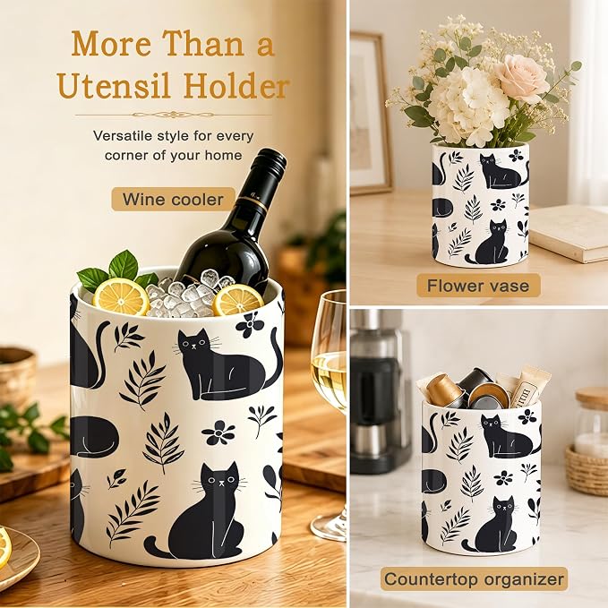Funny Black Cat Utensil Holder for Countertop,Flowers Plants Ceramic Utensil Crock Organizer for Home Kitchen Spoons,Spatulas and Cooking Tools