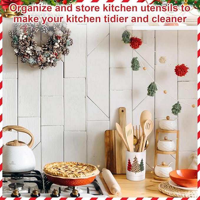 Christmas Tree Kitchen Decoration Ceramic Kitchen Utensil Holder Crock Spoon Organizer for Countertop Table Decorations Coffee Spoon Holder Jar for Cooking Tools