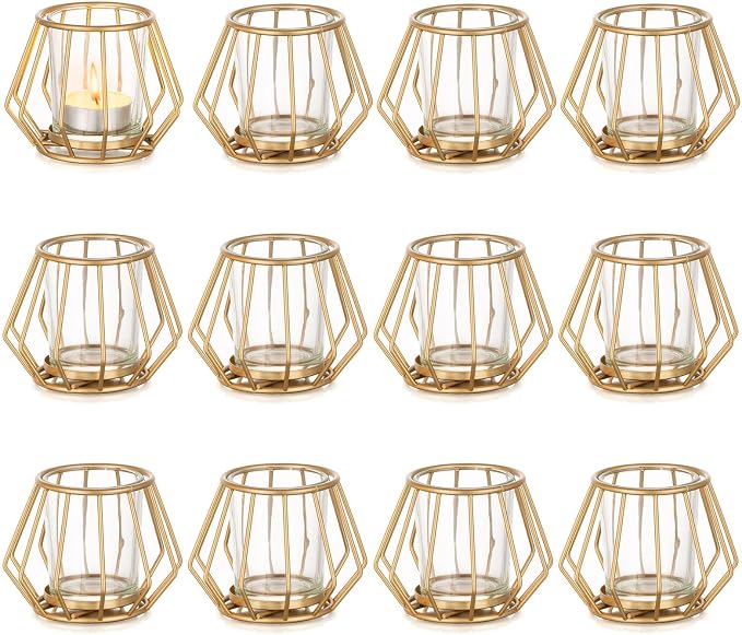 Geometric Tea Light Candle Holders - Wedding Centerpiece for Tables Morden Metal Votive Tealight Candles Stand with Glasses Coffee Home Room Decor Wedding Party Birthday Decoration, Gold 12 pcs