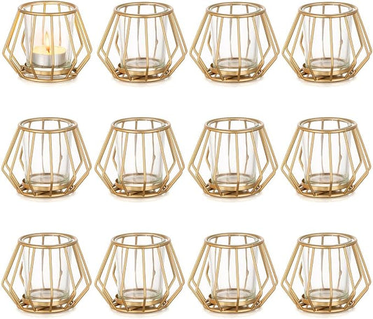 Geometric Tea Light Candle Holders - Wedding Centerpiece for Tables Morden Metal Votive Tealight Candles Stand with Glasses Coffee Home Room Decor Wedding Party Birthday Decoration, Gold 12 pcs
