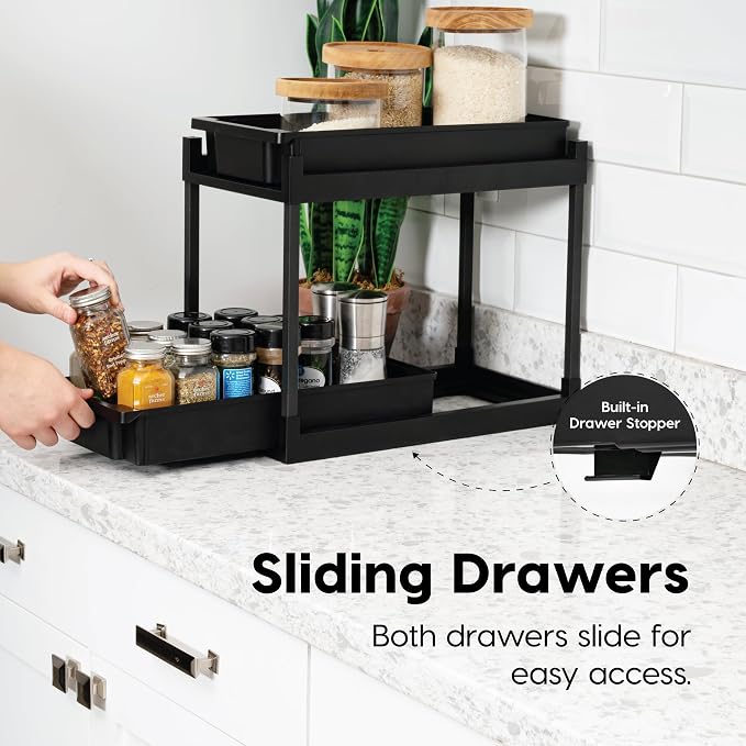 IRIS USA Under Sink Organizer, 2 Pack, Pull Out Under Cabinet Organizers and Storage, Kitchen Shelf Pantry Bathroom Under Counter, Cleaning Supplies, Vertical Spice Rack Slide Out Drawer, Easy Install