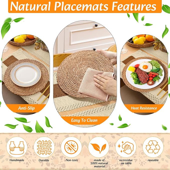 Boho Placemats 4/6/8 Set of Round Woven Placemat Macrame Style Bicolor Stitching Long Table Runner Farmhouse Rustic Natural Burlap Cotton for Kitchen Dining Table(6 Sets,Caramel Color,12x72)