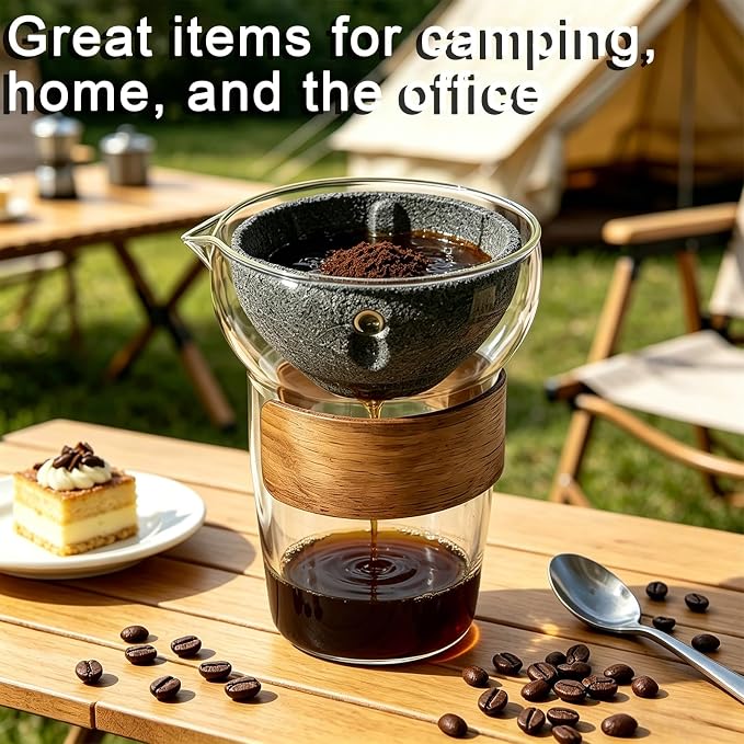 Glass Pour Over Coffee Maker Set, Ceramic Drip, No Paper Filters Needed | Reusable 50-Micron Ceramic Filter, Beginner-Friendly, Retain Coffee Oil, 360° Rotation, Portable 250ml Serve, Office, Camping