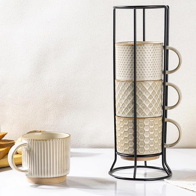 GBhome 12OZ Stackable Coffee Mugs with Stand, Ceramic Coffee Mugs with Texture Patterns for Man,Woman,Dad,Mom, Modern Coffee Cups Set of 4 for Latte/Cappuccino/Cocoa. Dishwasher&Microwave Safe