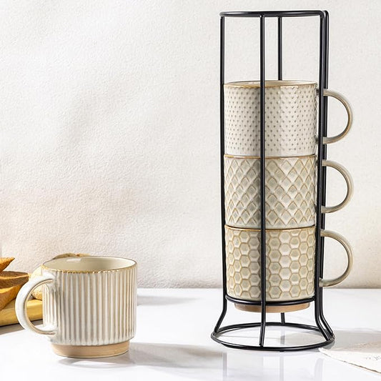 GBhome 12OZ Stackable Coffee Mugs with Stand, Ceramic Coffee Mugs with Texture Patterns for Man,Woman,Dad,Mom, Modern Coffee Cups Set of 4 for Latte/Cappuccino/Cocoa. Dishwasher&Microwave Safe