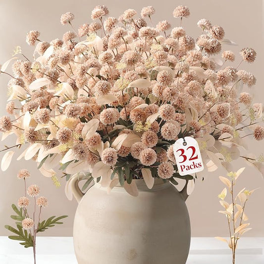 Alupssuc 32 PCS Faux Flowers for Vase Artificial Silk Mums with Eucalyptus, Fake Chrysanthemum Floral with Adjustable Long Stem for Dining Table Centerpiece Home Decoration Indoor, Beige