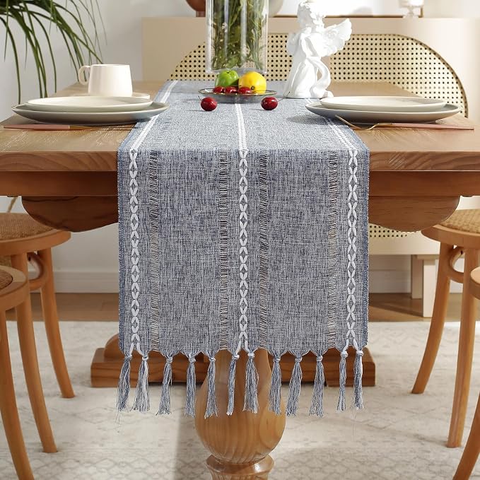 Rustic Boho Table Runner, Farmhouse Table Runners 90 Inches Long for Kitchen Dining Room, 13x90 Inches, Blue Lines