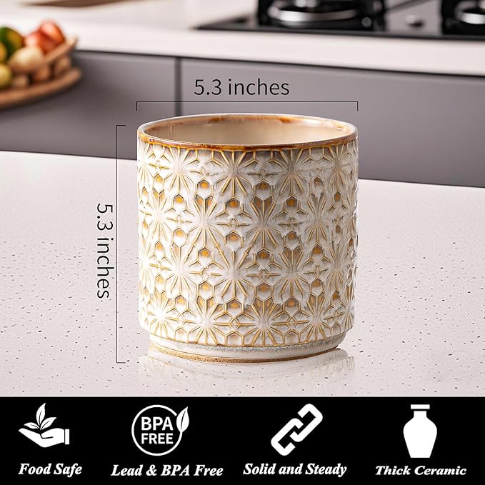 Utensil Holder Rustic Farmhouse Ceramic Utensil Crock for Countertop - 5.3" Handcrafted Kitchen Cooking Utensil Crocks with Cork Base, Natural Finish for Kitchen Tools Storage