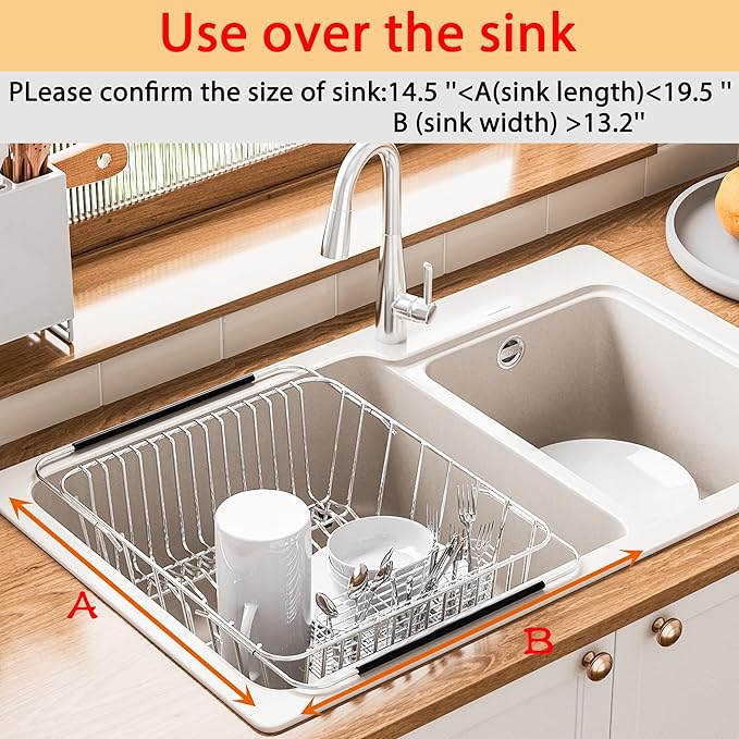 NiuYichee Stainless Steel Dish Drying Rack(15.2"L X 13"W X 5.8"H), Expandable Fruit & Vegetable Drain Rack over Sink, Dish Drainer Rack in Sink, with Stainless Steel Utensil Holder & Silicone Mat(16")