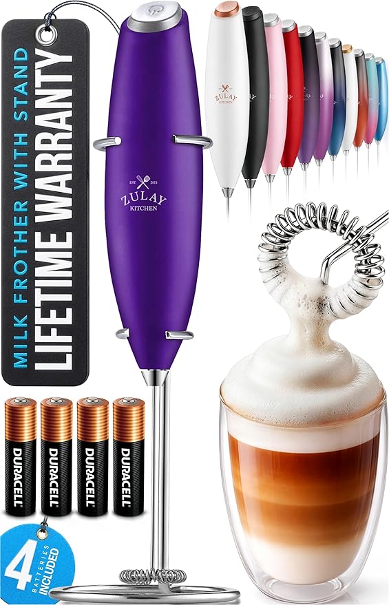 Zulay Kitchen Powerful Milk Frother Wand With Duracell Batteries - Ultra Fast Handheld Drink Mixer - Electric Whisk Foam Maker for Coffee, Lattes, Cappuccino & Matcha - Z1 Motor - Grape