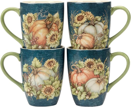 Autumn Breeze Set of 4 Ceramic Mugs – Sip coffee, tea, or cider in these beautifully detailed mugs adorned with pumpkins and sunflowers, adding cozy fall warmth to your mornings, 20 oz