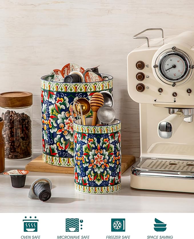 vancasso SIMI Utensil Holder, 7.3"+5.5" Porcelain Kitchen Utensil Holder for Countertop, Bohemian Kitchen Utensil Organizer for Spatulas, Spoons, Decorative Counter Utensil Crock, Verdant Jewel