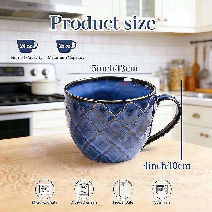Ceramic Extra Large Coffee Mugs with Handles, 24 oz Coffee Cups, Large ceramic mugs for Hot Chocolate, Cappuccino, Ramen,Oatmeal, Microwave SafeSet of 2 (Reactive Glaze Blue)