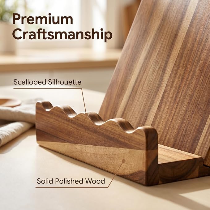 Scalloped Acacia Wood Cookbook Stand, 2-in-1 Holder & Serving Tray | Material: Acacia Wood , Food-Safe | Design: Scalloped Edge, Folds Flat to 1.5" |cookbook stand for kitchen counter