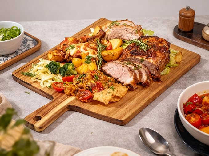 Large Acacia Wood Cutting Board with Handle 17''X13'', Charcuterie Board, Serving Board, Chopping Board for Meat, Cheese, Bread, Vegetables & Fruits (Square)