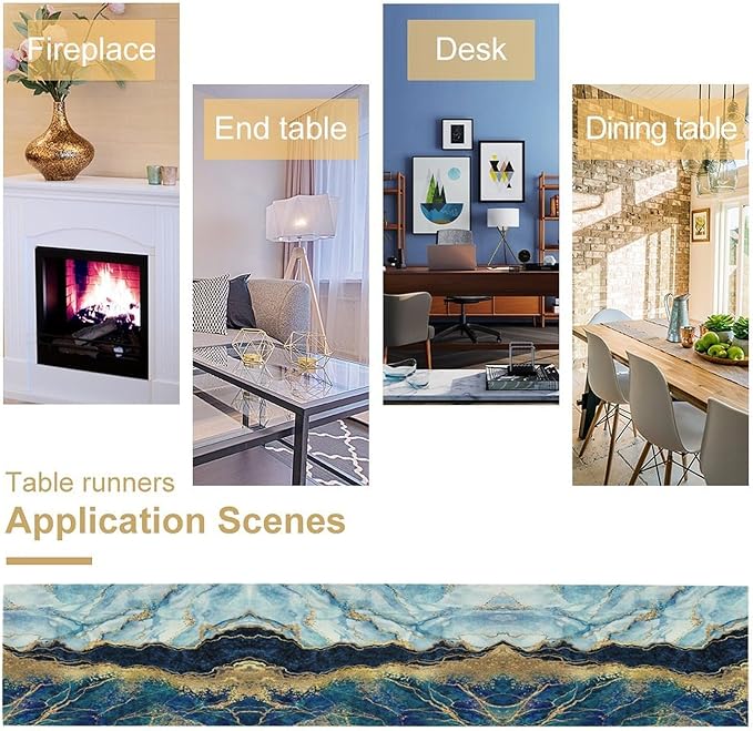 Marble Table Runner, Abstract Blue and Gold Foil Modern Luxury Texture Printed Linen Table Runners for Living Room Kitchen Dining Room Party Holiday Home Decor 13" W x 108" L
