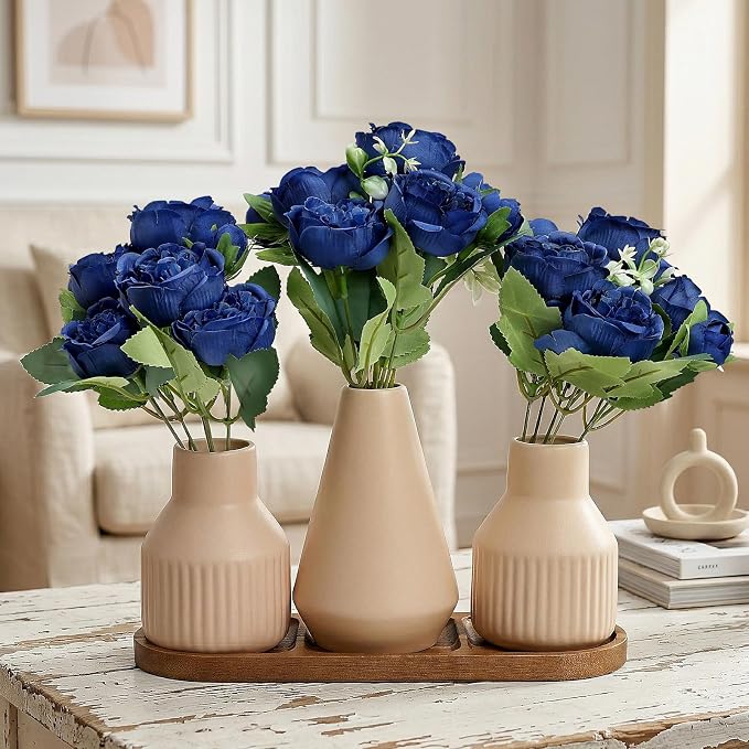 Flower Table Centerpiece - Dining Table Centerpiece Decor Set of 3 Fake Peonies in Ceramic Vases & Wood Tray Modern for Kitchen Island Living Room Coffee Table Home Decor (Royal Blue)
