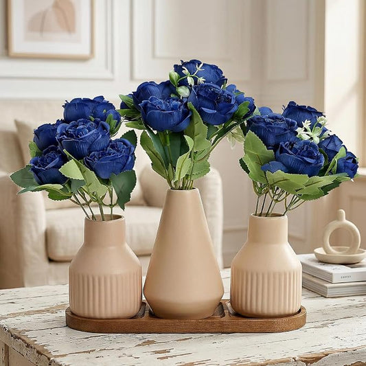 Flower Table Centerpiece - Dining Table Centerpiece Decor Set of 3 Fake Peonies in Ceramic Vases & Wood Tray Modern for Kitchen Island Living Room Coffee Table Home Decor (Royal Blue)